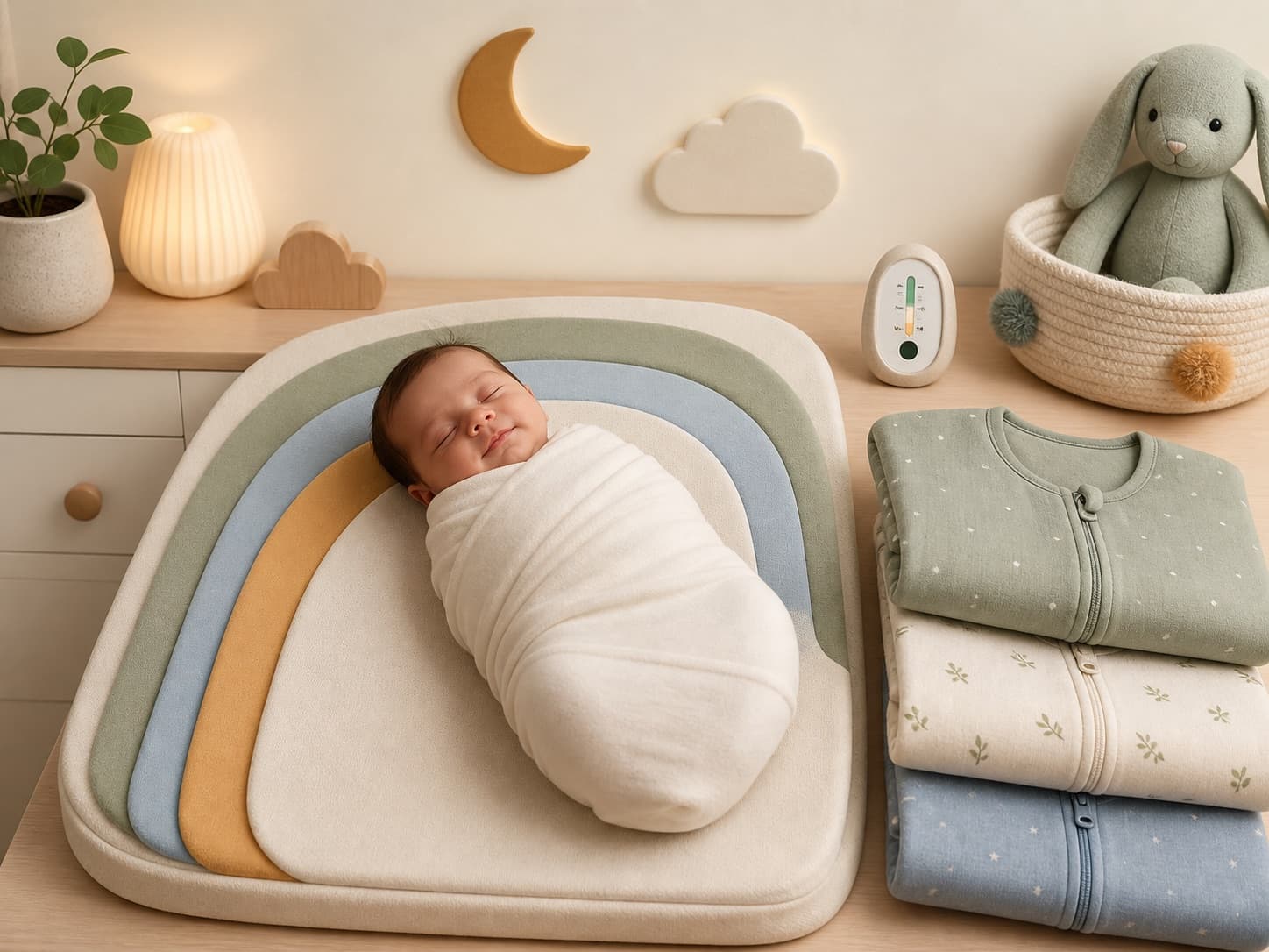 Cozy nursery setup with layered sleepwear and a calm sleep space